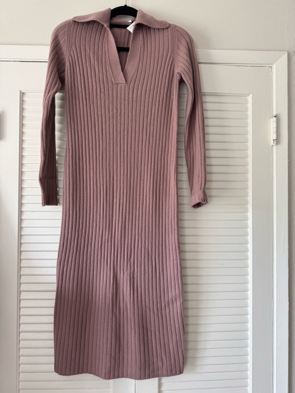 Vince Ribbed Knit Collared Long-Sleeve Midi Dress - Dusty Mauve